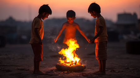 Unidentified kids playing around a bonfire at sunset.の写真素材
