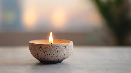 Burning candle in a bowl on a wooden table with blurred backgroundの写真素材