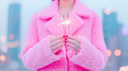 Woman in pink fur coat holding sparklers on the background of the cityの写真素材