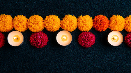 Flower garland with burning candles on black background, top viewの写真素材