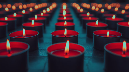 Red burning candles in the church, shallow depth of field, tonedの写真素材