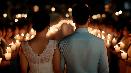 Wedding couple holding hands and looking at burning candles in churchの写真素材