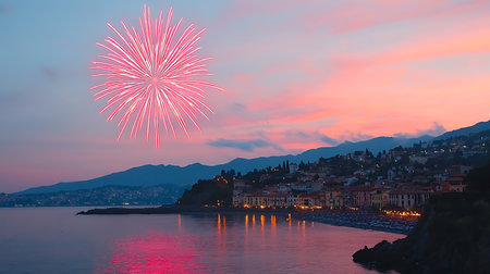 Fireworks over Portofino in Liguria, Italy.の写真素材