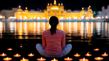 Woman meditating in front of the temple at nightの写真素材