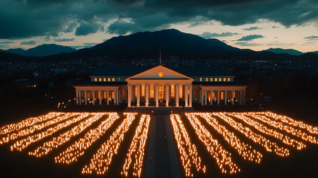 The Parliament building illuminated with candles during a religious ceremony.の写真素材