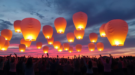 Silhouette of a group of people holding hot air balloons at sunset