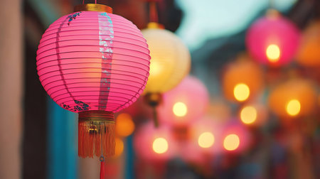 Colorful paper lanterns in chinese new year festival at nightの写真素材