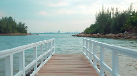 Wooden bridge on the beach with cityscape background, Thailand.の写真素材