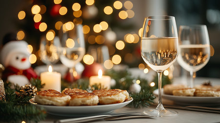Glasses of champagne and delicious pancakes on table in room decorated for Christmasの写真素材