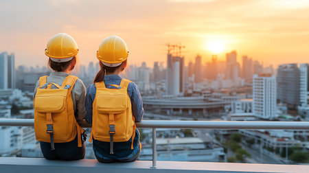 Back view of two engineer women with safety helmet and backpacks looking at the city.の写真素材