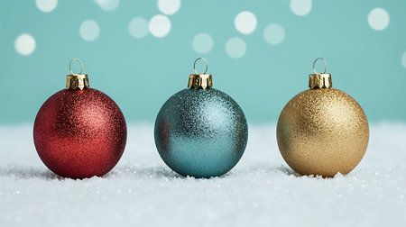 Three colorful Christmas baubles on snow with bokeh background