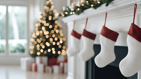 Christmas socks hanging on a fireplace in a room with a Christmas treeの写真素材