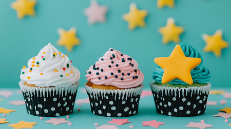 Cupcakes with buttercream frosting and stars on mint backgroundの写真素材