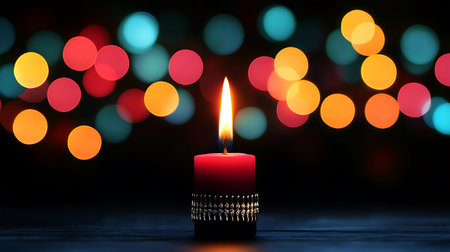 Burning candle on bokeh background, Christmas and New Year conceptの写真素材