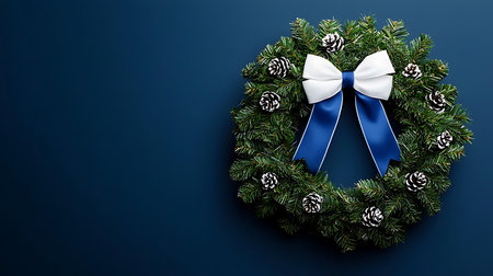 Christmas wreath with blue bow on dark blue backgroundの写真素材