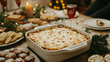 Traditional christmas lasagna with macaroni and cheese served on tableの写真素材