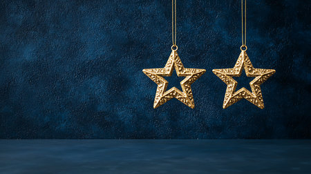 Christmas stars hanging on blue wall. 3d render illustration mock up