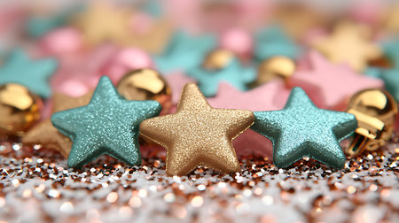 Christmas decoration background with stars and confetti. Shallow depth of field