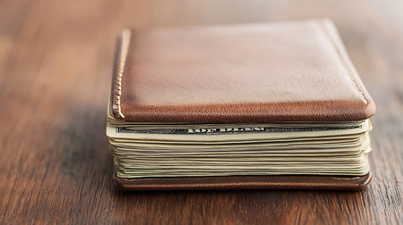 Closeup of brown leather wallet with money on wooden table background.の写真素材