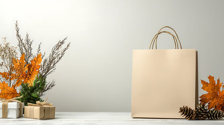 Mockup of blank paper shopping bag with gifts and autumn leaves on white background. 3D renderingの写真素材
