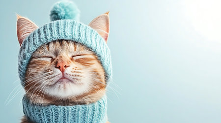 Cute cat in winter hat on blue background, space for textの写真素材