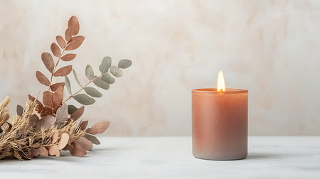 Burning candle with branches on a light backgroundの写真素材