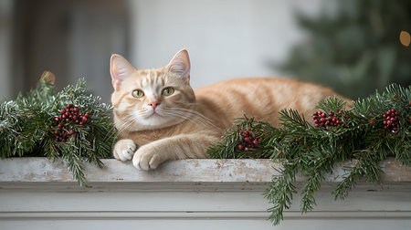 ginger cat on the background of a Christmas tree with garlandの写真素材