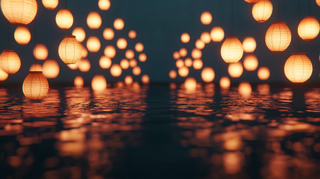 Lanterns hanging in the ceiling. Abstract bokeh background.の写真素材