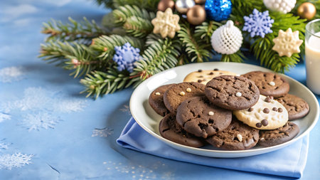 Chocolate chip cookies on a plate with Christmas decorations on a blue backgroundの写真素材