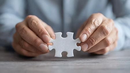 Close-up Of Businessman's Hand Holding White Jigsaw Puzzle Pieceの写真素材