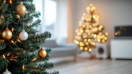 Christmas tree with gold baubles on blurred background of living roomの写真素材