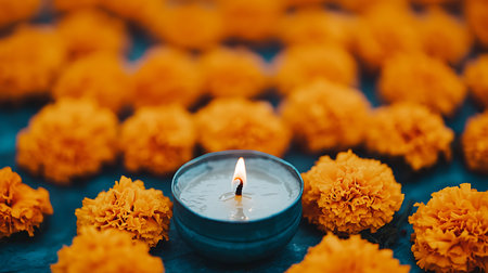 Indian festival Diwali, Diwali oil lamp and marigold flowersの写真素材