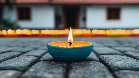 Burning candle in the blue ceramic pot on the ground with blurred backgroundの写真素材