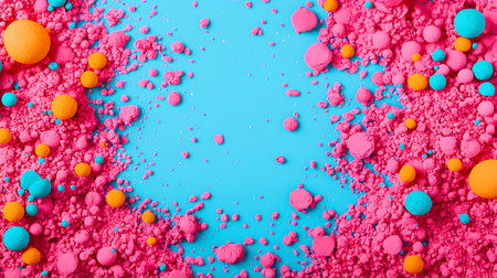 Colorful powder on blue background, top view. Space for textの写真素材