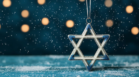Star of David on a blue background with snow and bokehの写真素材