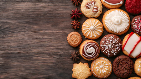 Delicious Christmas cookies on wooden table, top view. Space for textの写真素材