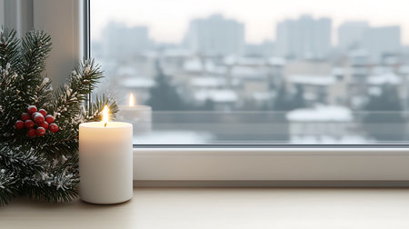Burning candle on window sill with fir branches and snow covered cityscape on backgroundの写真素材