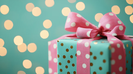Gift box with bow on bokeh background, closeupの写真素材