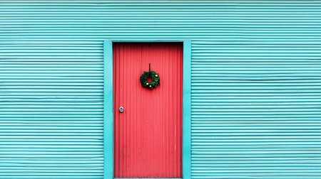 Red door with green christmas wreath on a blue wall.の写真素材