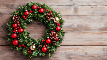 Christmas wreath with decorations on wooden background. Top view with copy spaceの写真素材