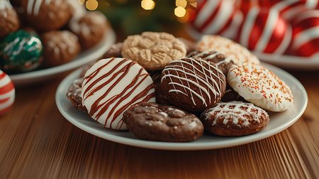 Christmas cookies on a plate on a wooden background, close-up
