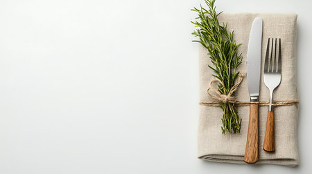 Rustic table setting with rosemary, knife and fork on linen napkinの写真素材
