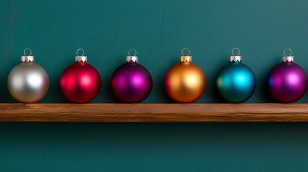 Wooden shelf with colorful christmas ornaments over green backgroundの写真素材