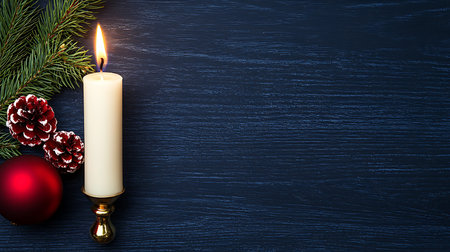 Christmas decoration with burning candle and fir branches on dark blue wooden background