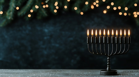 Jewish holiday Hanukkah background with menorah (traditional candelabra) and burning candlesの写真素材