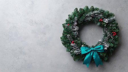 Christmas greeting card. Wreath decoration on grey concrete background. Top view with copy spaceの写真素材