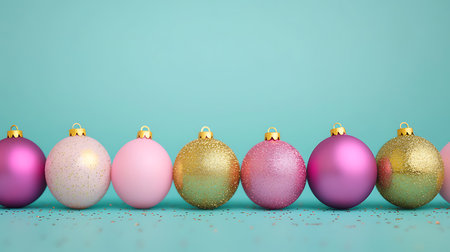 Pink and golden Christmas baubles on turquoise background.の写真素材