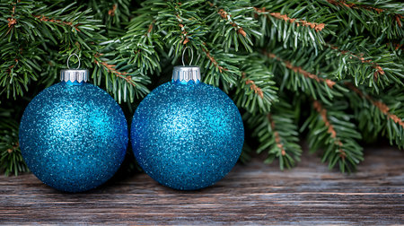 Christmas tree branch with blue balls on wooden background. Close up.の写真素材