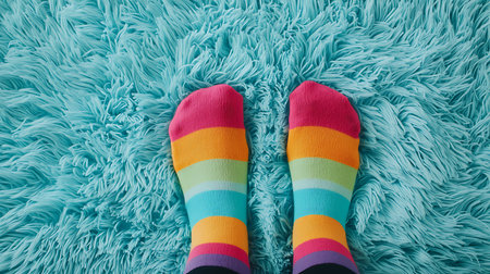 Feet in colorful socks on fur background, top view. Space for textの写真素材