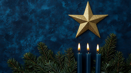 Christmas greeting card with candles and fir tree branches on dark blue background